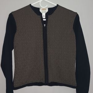Talbots zip up cardigan black and tan geo print black long sleeve‎ size P